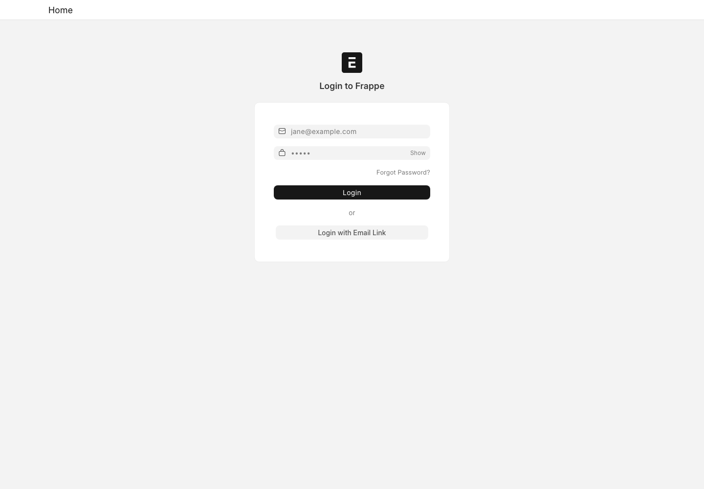 ERPNext 로그인 화면의 Email, Password, Login 버튼