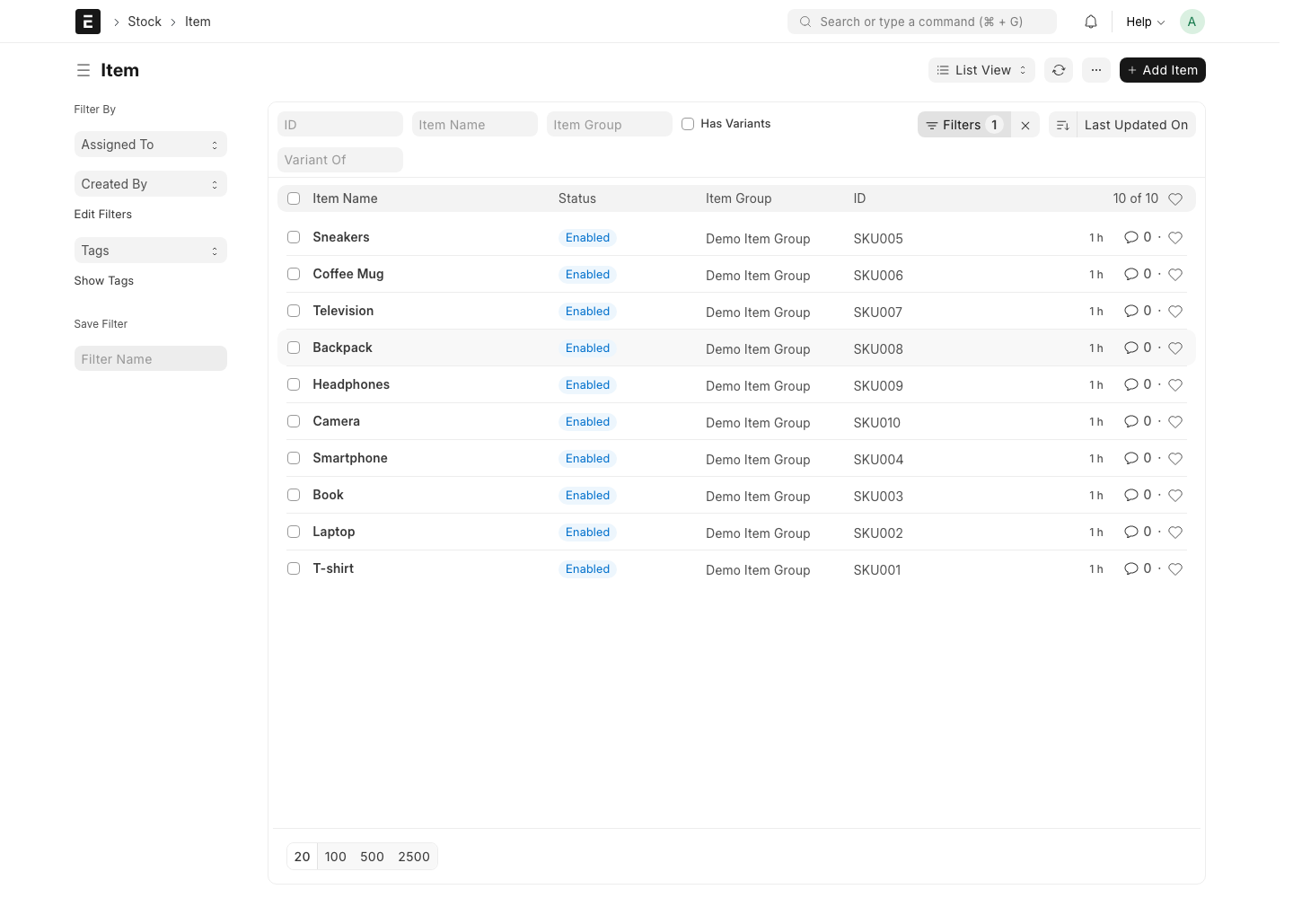 ERPNext Item 목록의 Item Name, Status, Item Group, ID 열