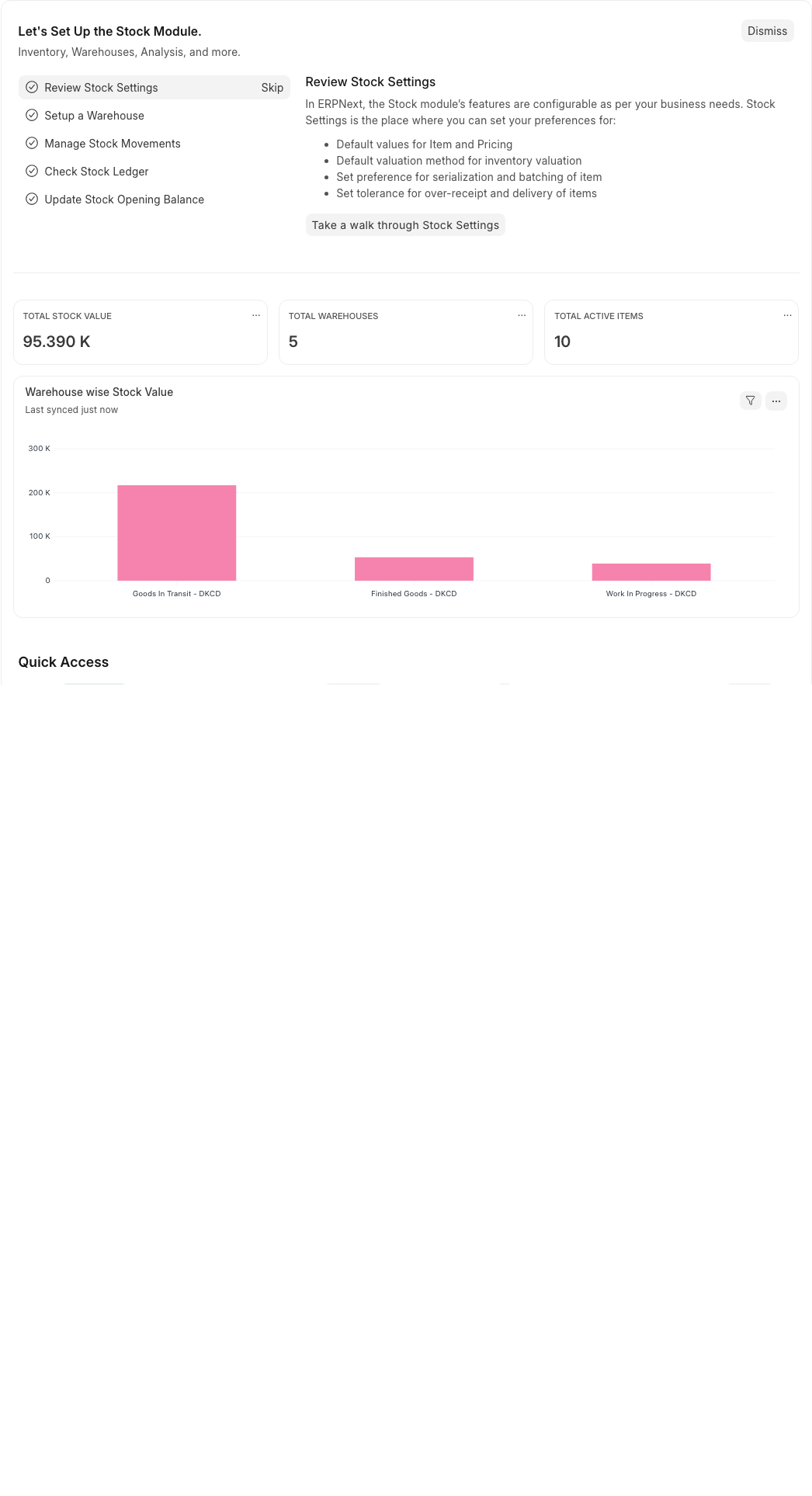 ERPNext Stock 워크스페이스의 카드와 Reports & Masters 영역