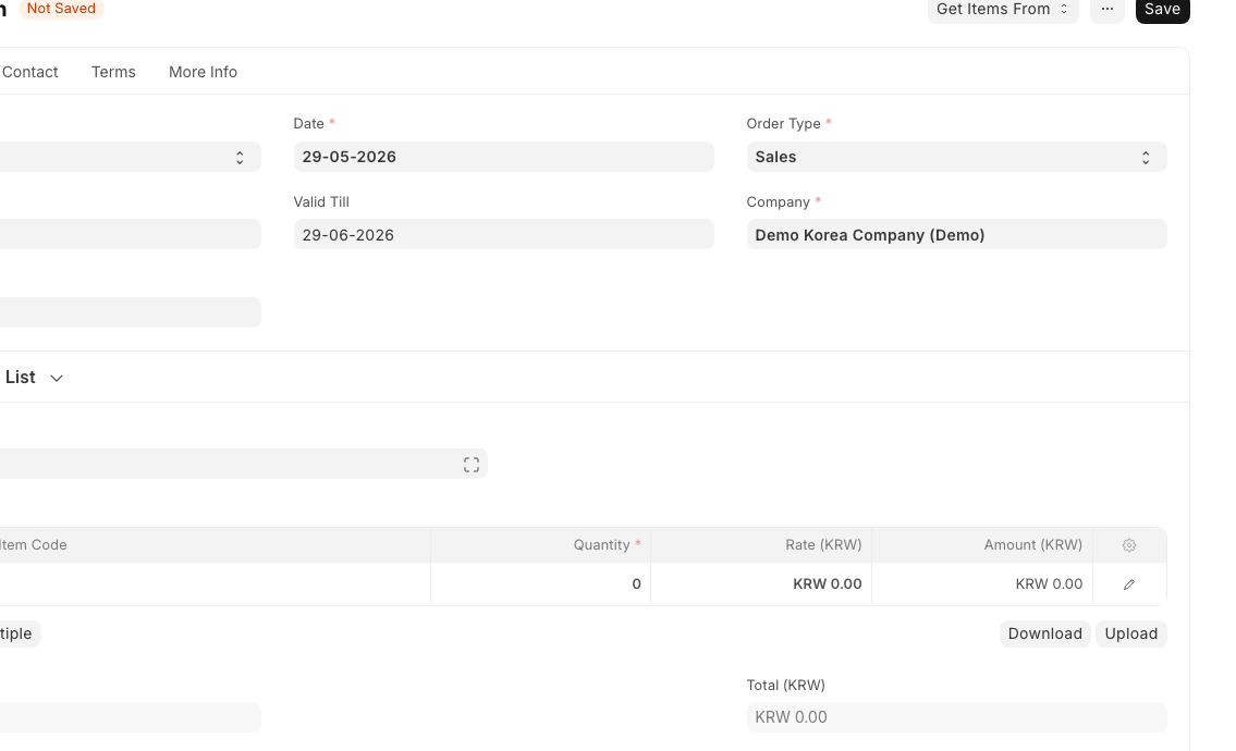 ERPNext Quotation 화면의 Customer, Items, Grand Total 영역