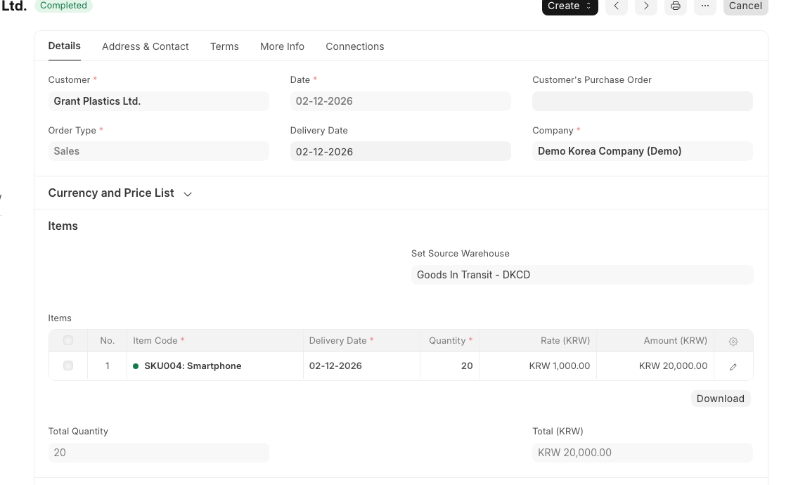 ERPNext Sales Order 상세의 Customer, Items, Total 영역